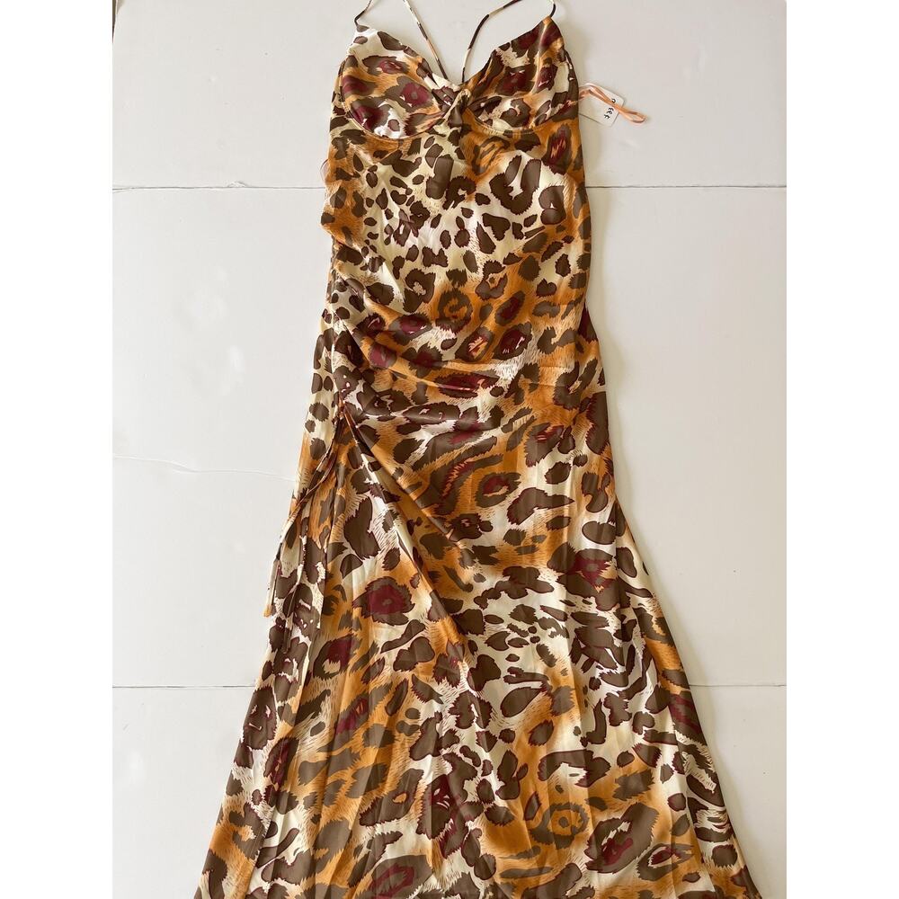 ACOA Dress Womens L Brown Leopard Satin Slip Midi Ruched Strappy Cocktail Party